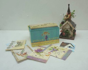 lot 185 image: Box of Occasional Cards & Decorative Birch Church Birdhouse