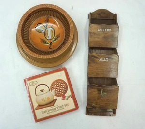 lot 186 image: 2-PC Teak Wood Trivet Set, Lazy Susan, Decorative Vintage Bread Bowl, Letter Organizer Wall Hanging