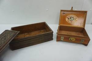 lot 254 image: Antique Hand-Carved Letter Box 13.5x8 &  Vintage Wooden Cigar Box