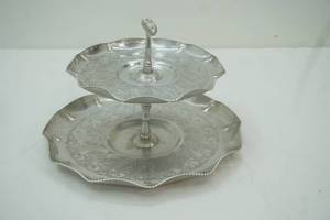 lot 304 image: Vintage 2-Tier Hand-Wrought Aluminum Serving Tray 8 tall
