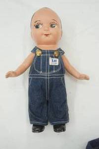 lot 280 image: Vintage 1940s1950s Buddy Lee Composition Doll in Bib Overalls wstand