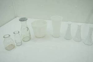 lot 325 image: Vintage Milk Glass Vases & Vintage Clear Glass Carafe & Jars