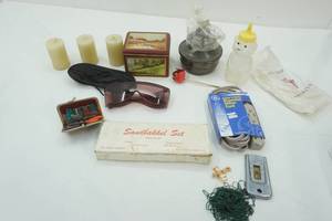 lot 331 image: Vintage Sandbakkel Set, Extension Cord, Oil Lamp Base, Solar Shield Over Glasses Sunglasses, Safety Candles, and More