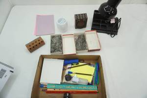 lot 346 image: Desk Lamp, Paper Clips, Vintage Pencil Holders, Other Office Supplies