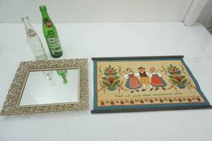 lot 409 image: Swedish Jute Wall Hanging Folk Art Good and Happy Shall Man Be, Mirror, Vintage Bottles