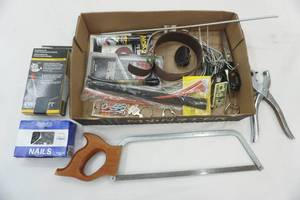 lot 420 image: Leather Punch Tool, Handsaw, Nails, Vintage Keychains and more