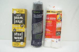 lot 588 image: (3ct) Rolls of Plastic Covering & Steel Wool