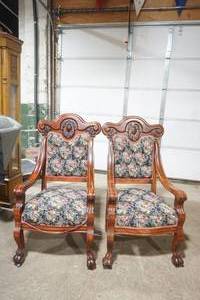 lot 632 image: (2ct) Antique Renaissance Revival Carved Walnut Armchairs