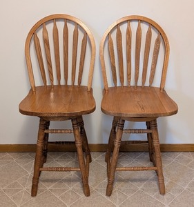 lot 10A image: K - Pair of Oak Counter Height Stools with Spindle Backs