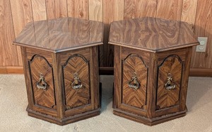 lot 66 image: LL - Pair of Vintage Hexagonal Wood End Tables with Storage