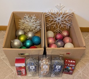 lot 80 image: LL - Collection of Outdoor Holiday Ornaments, Snowflake Decorations, Light Clips, and LED String Lights