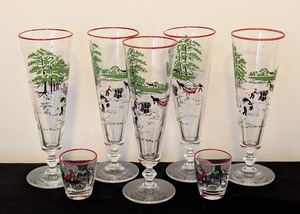 lot 89 image: LL - Set of 6 Vintage Libbey Glasses with Amish Farm & Pair of Shot Glasses with Studebaker Motifs
