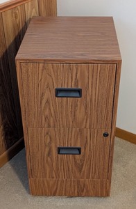 lot 91 image: LL - 2-Drawer Woodgrain Metal Office Filing Cabinet with Lock and Key