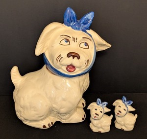 lot 93 image: LL - Vintage Shawnee Muggsy Dog Cookie Jar with Salt and Pepper Shakers Vintage Set