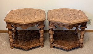 lot 144 image: LR - Pair of Vintage Oak Hexagonal Side Tables
