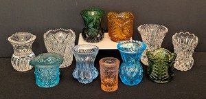 lot 149 image: LL - Collection of 11 Vintage Pressed Glass Toothpick Holders Assorted Colors
