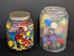 lot 154A image: LL - Lot of 2 Jars Filled with Game Pieces and Bouncy Balls