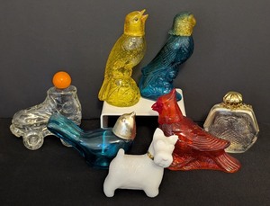 lot 156 image: LL - Collection of 6 Avon Novelty Perfume Bottles - Birds, Dog, Skate & Fancy Bottle