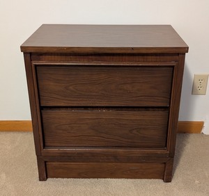 lot 157 image: LL - 2-Drawer Vintage Wood Nightstand with Walnut Finish