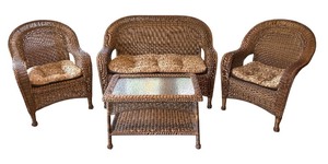 lot 4R image: P - Vintage Wicker Patio Sofa, 2 Chairs and Glass-Top Coffee Table Set