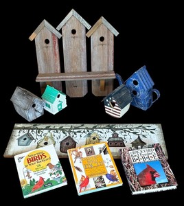lot 109A image: P - Backyard Bird Themed Decor Lot with Birdhouses, Shelf, Books and Sign
