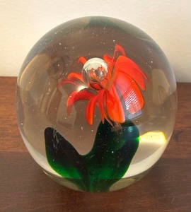 lot 112R image: BR - Glass Paperweight with Encased Red Flower