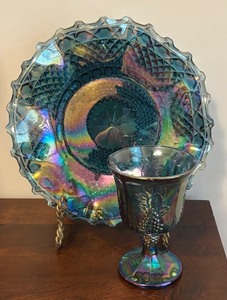 lot 113R image: BR - Vintage Iridescent Carnival Glass Platter and Goblet Set