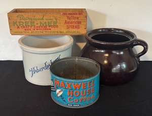 lot 121R image: P - Vintage Crock, Bean Pot, Maxwell House Coffee Tin and Dairyland Cheese Crate