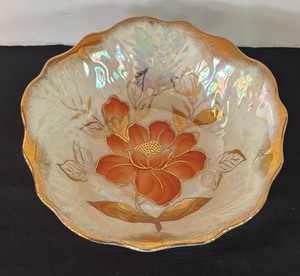 lot 126R image: P - Vintage Iridescent Floral Bowl with Gold Accents
