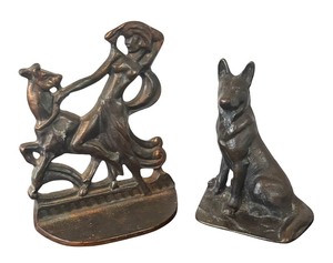 lot 138R image: P - Vintage Metal Bookends including Woman with Deer and Dog Design