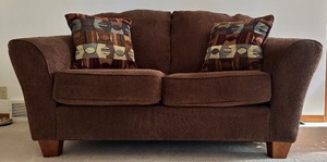 lot 42H image: FLR - Fabrique Par Brown Loveseat with Matching Pillows, 65 Inch