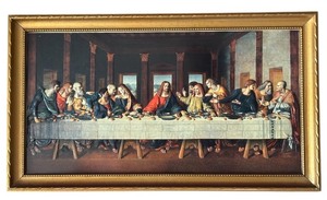 lot 50H image: FLR - Religious Decor Set with Framed Last Supper Prints and Sacred Heart Jesus and Virgin Mary Statues