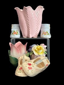 lot 56H image: FLR - Porcelain Decor Collection with Pink Vase, Floral Candle Holder, Shoes, and Flowers