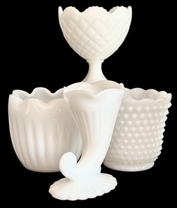 lot 57H image: FLR - Set of 4 Vintage White Milk Glass Vases and Footed Dish by Napco