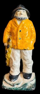 lot 121H image: FLR - Vintage Cast Iron Fisherman Doorstop with Orange Jacket, 7 Inches Tall