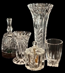lot 122H image: FLR - Vintage Crystal Collection with Vase, Glasses, Sugar Bowl, and Bell
