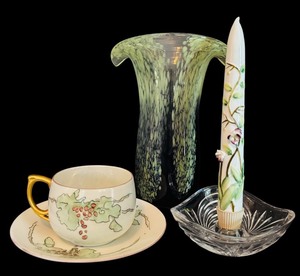 lot 133H image: FLR - Vintage Home Decor Set with Art Glass Vase, Porcelain Candle, Teacup and Saucer