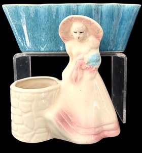lot 183H image: FLR - Vintage L.A. Potteries Blue & Yellow Planter and Shawnee Pottery Southern Belle Wishing Well Planter