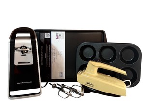 lot 189H image: K - Kitchen Bakeware and Appliances Lot with Vintage Sunbeam Mixer and Hamilton Beach Can Opener