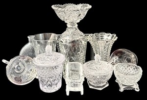 lot 191H image: FLR - Vintage Crystal and Glass Collection with Candy Dish, Sugar and Cream, and Baby Carriage