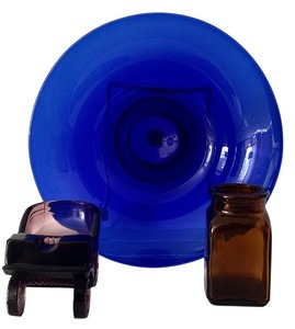 lot 192H image: FLR - Dalzell Viking Cobalt Blue Glass Bowl with Amber Apothecary Jar and Purple Glass Carriage