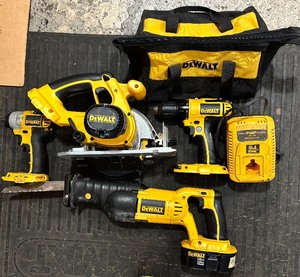 lot 202H image: GS - DeWalt 18V Power Tool Set with Circular Saw, Sawzall, Drill, Impact Driver, Charger and Bag