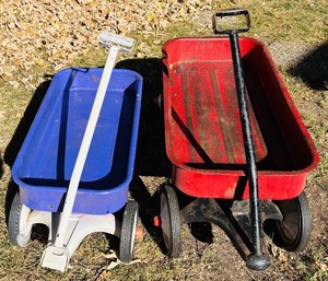 lot 214H image: BY - Set of 2 Vintage Radio Flyer Wagons - Red and Painted Purple