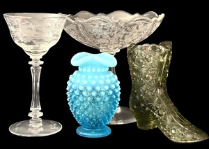 lot 220H image: FLR - Collection of Vintage Glassware Including Blue Hobnail Vase and Green Glass Boot