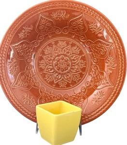 lot 221H image: FLR - Orange Embossed Ceramic Serving Bowl with Yellow Franciscan Ware Square Cup