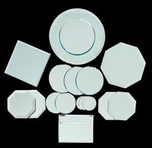lot 223H image: FLR - Lot of 17 Assorted Glass Mirror Coasters, Mixed Shapes, Largest 8 Inch Round