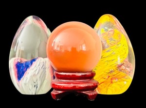 lot 224H image: FLR - Set of 3 Art Glass Paperweights with Stand, Including Egg-Shaped and Sphere