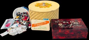 lot 225H image: FLR - Vintage Sewing Lot with Thread Spools, Buttons, Tools and Storage Boxes