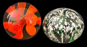 lot 226H image: FLR - Set of 2 Glass Paperweights with Floral and Dragonfly Designs