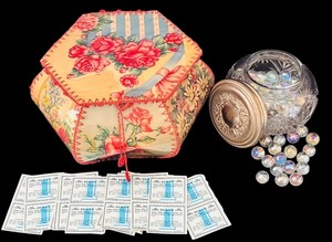 lot 230H image: FLR - Vintage Iridescent Marble Collection in Glass Jar with Silver Tone Lid and Floral Vinyl Sewing Box